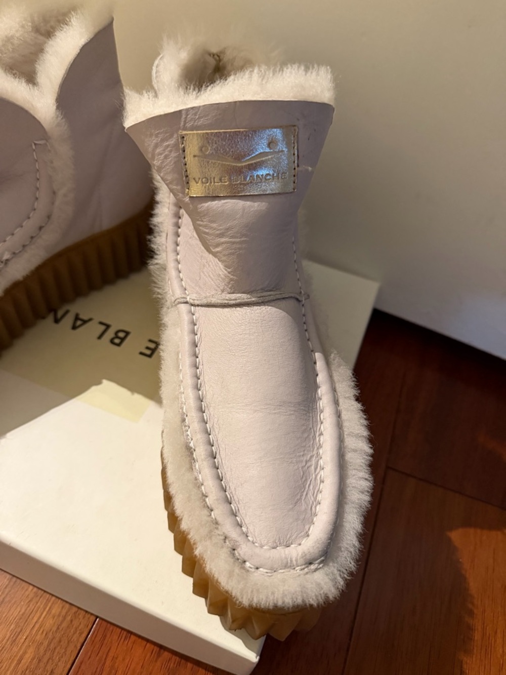 Voile Blanche pale gray Shearling-Trim Clog Mules with Gum Sole